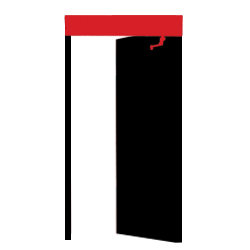 Red and black automatic operator icon. Automatic operator is above the door and the door is open